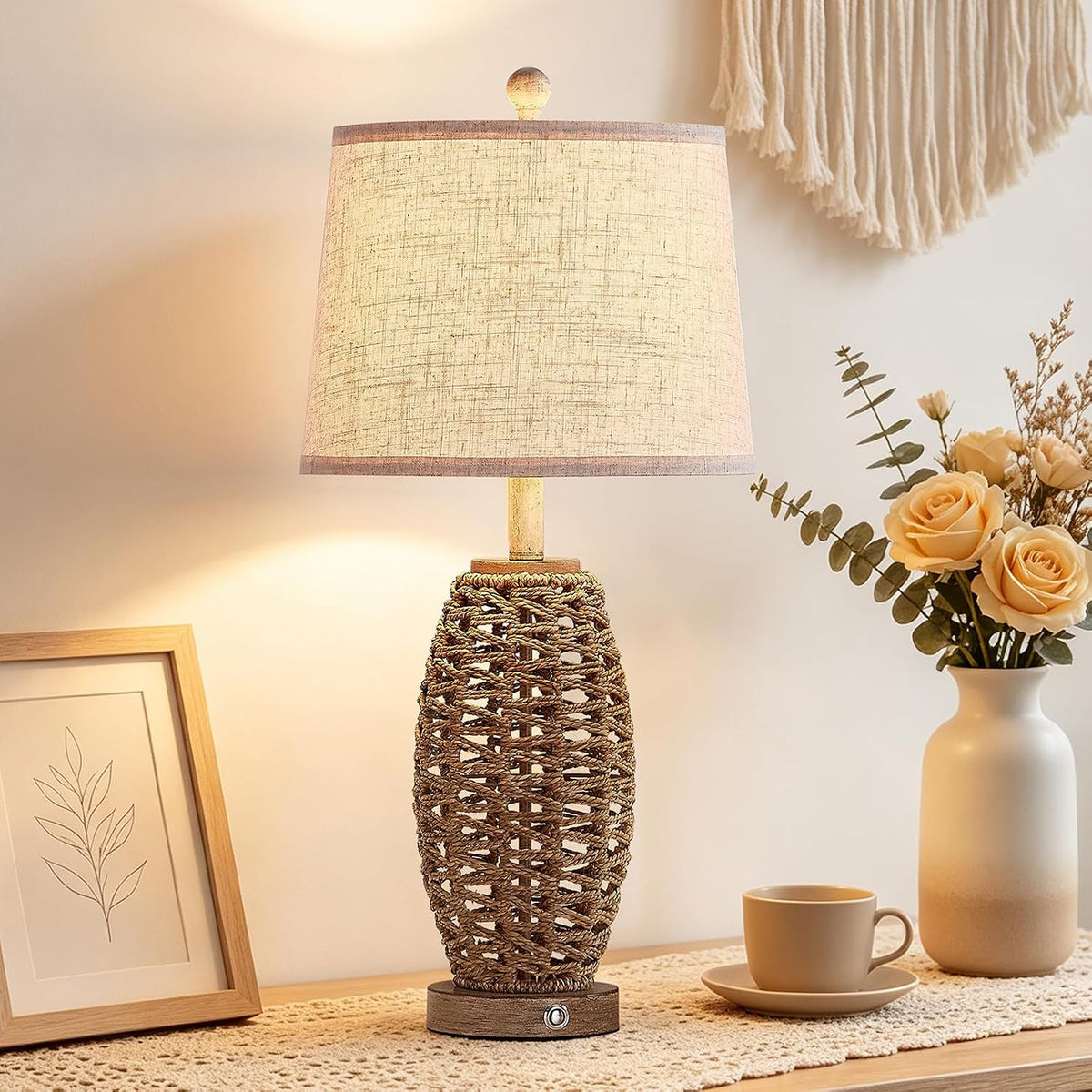 Rattan Table Lamp for Living Room, Dimmable Touch Lamp for Bedside Table in B...
