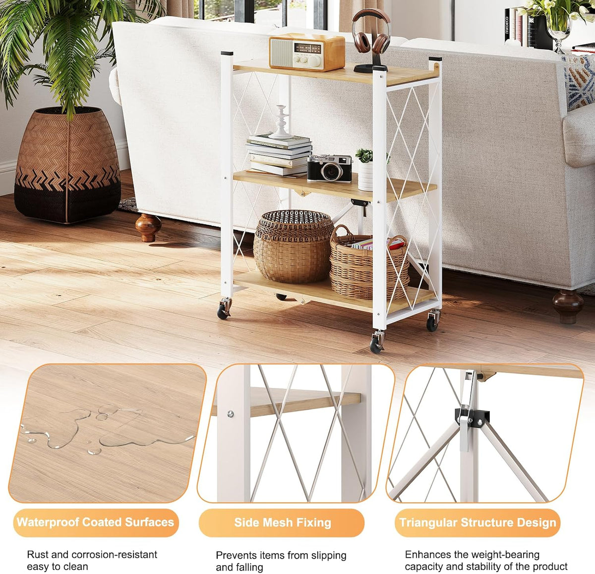 3 Tier Folding Shelf with Wheels, Metal Steel Collapsible Shelves