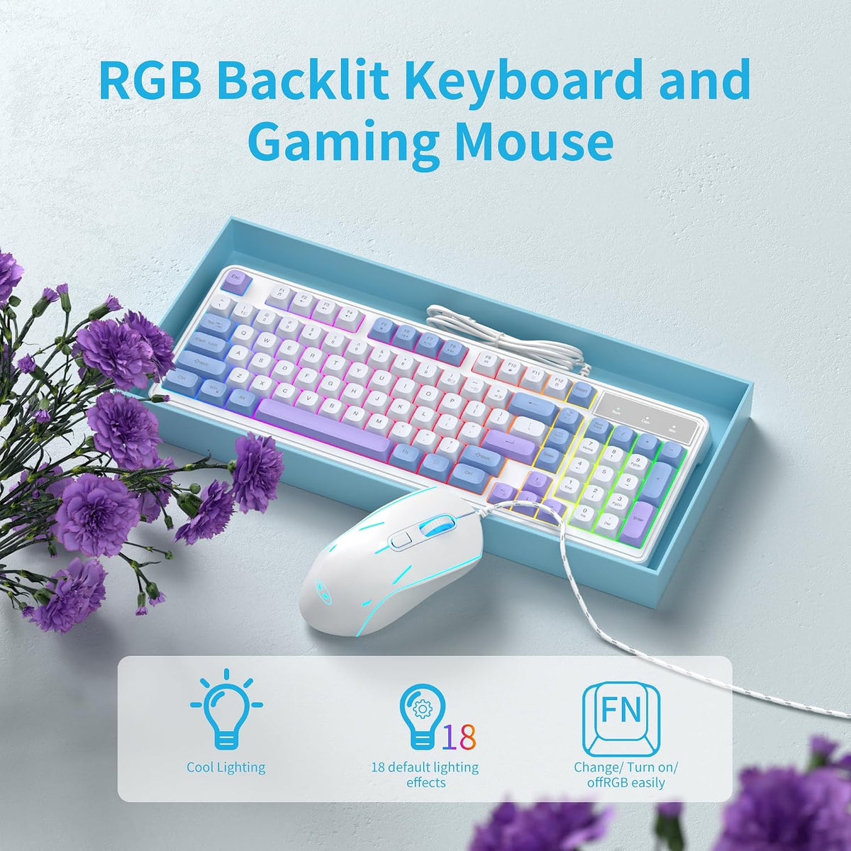 Wire Gaming Keyboard,Creamy Keyboard and Mouse Combo, 7 Colorful Rainbow Back...
