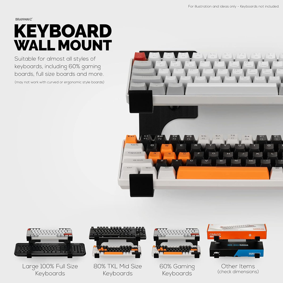 BRAINWAVZ Dual Gaming Keyboard Stand for Wall Mounting - Adhesive or Screw Mo...