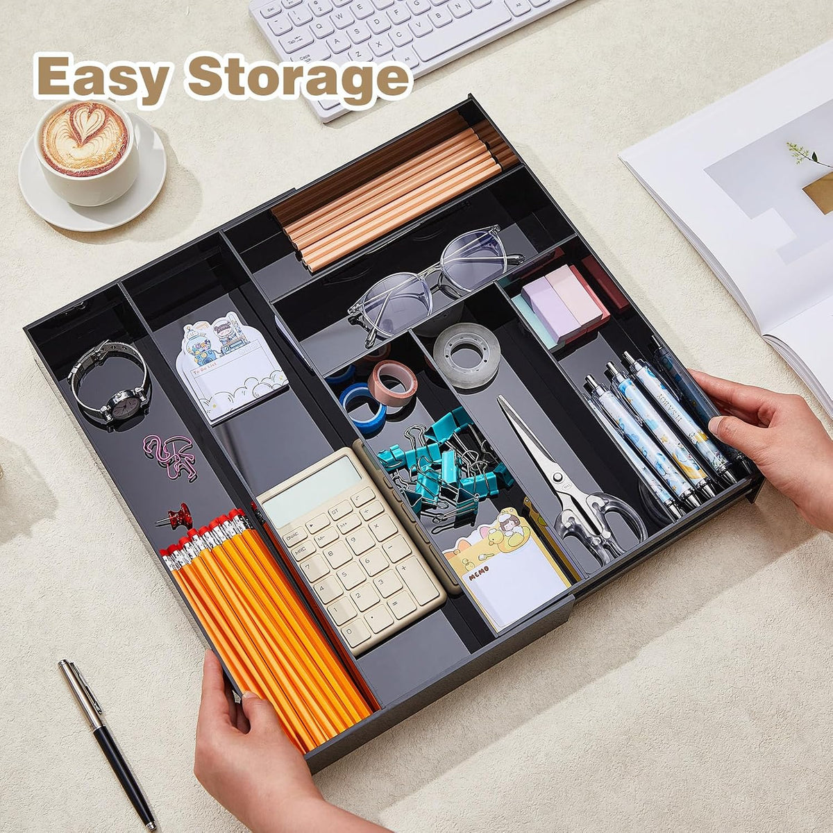 Briwooody Black Acrylic Drawer Organizer Expandable,7 Compartments,Large