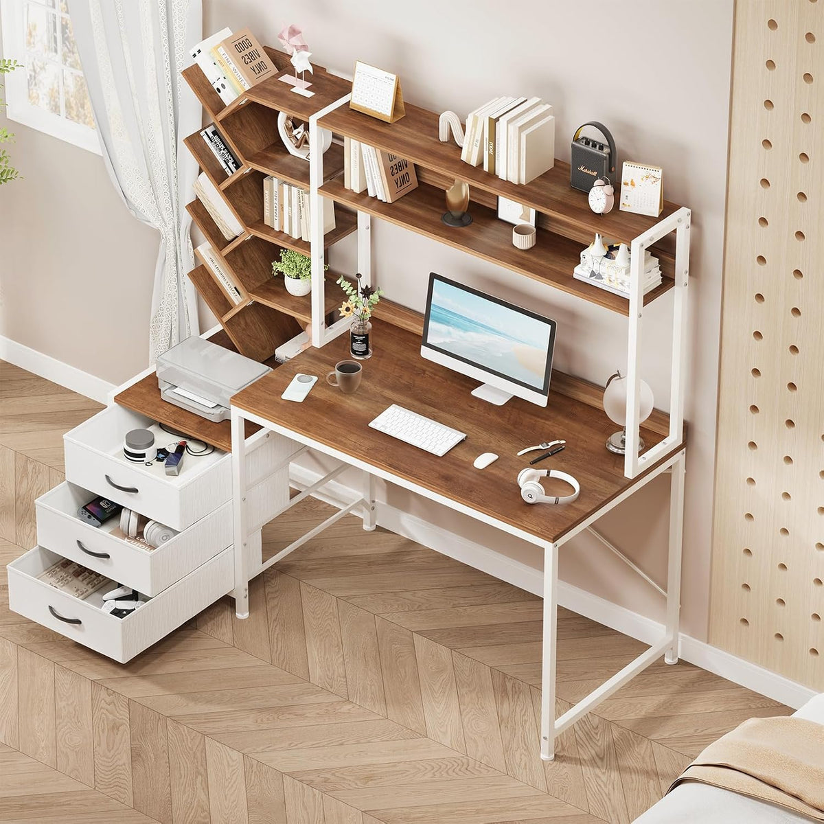 YOMILUVE 52" Computer Desk with Bookshelf, 3 Drawers & Hutch for Bedroom