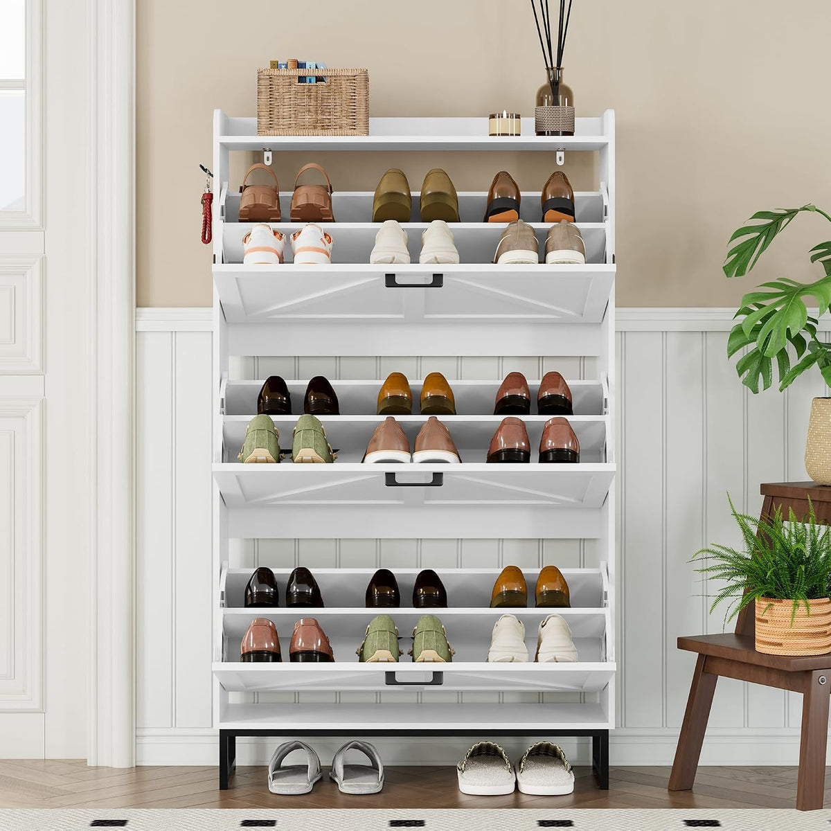 BORNOON Shoe Cabinet with 3 Flip Drawers Narrow Shoe Storage Cabinet Organize...