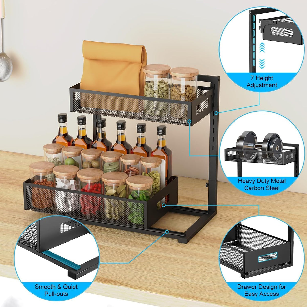 Petiza Under Sink Organizer Pull Out Cabinet Organizer Adjustable Height 2 Ti...