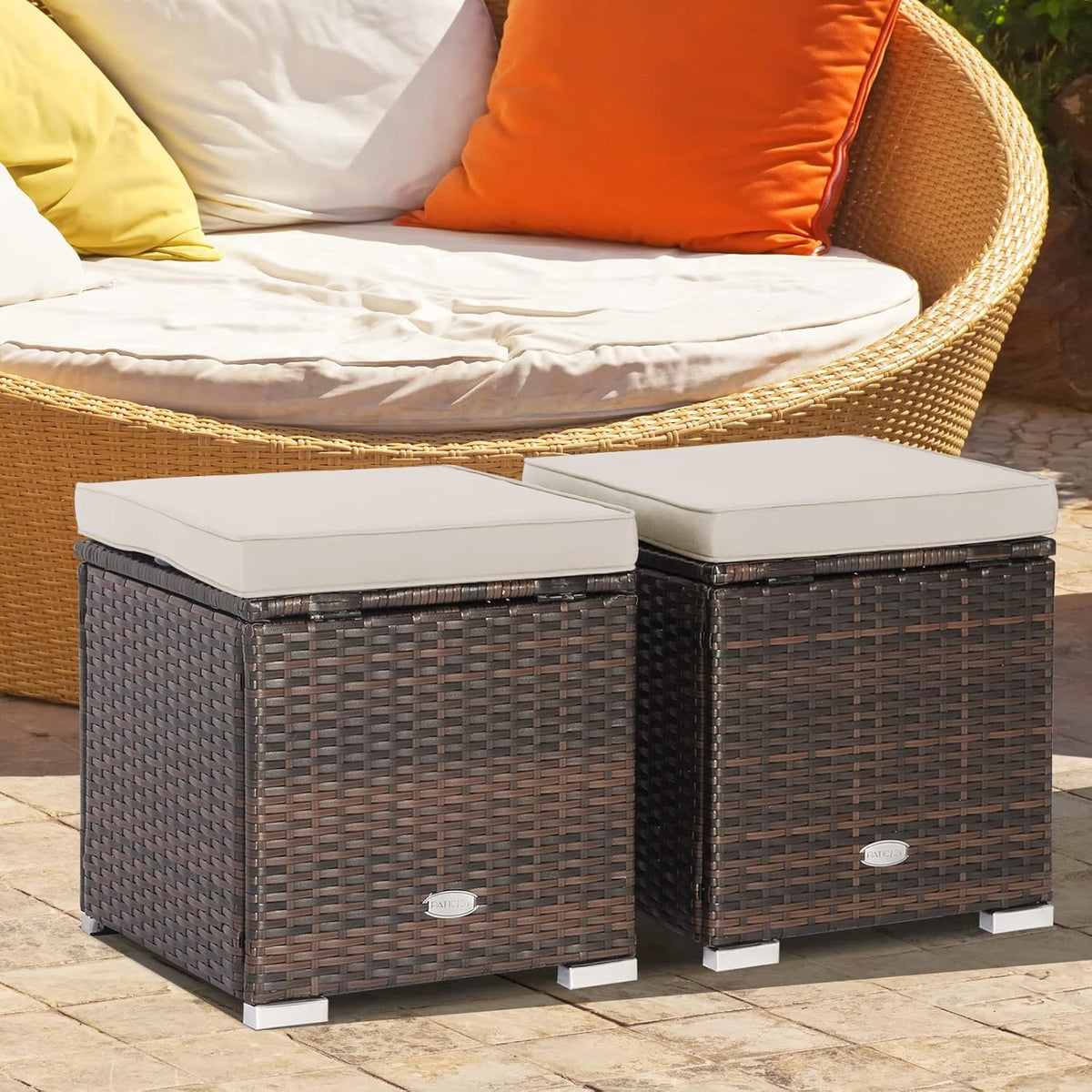 Tangkula 2 Pieces Patio Ottomans, Patiojoy Hand-Woven PE Rattan Side Table wi...