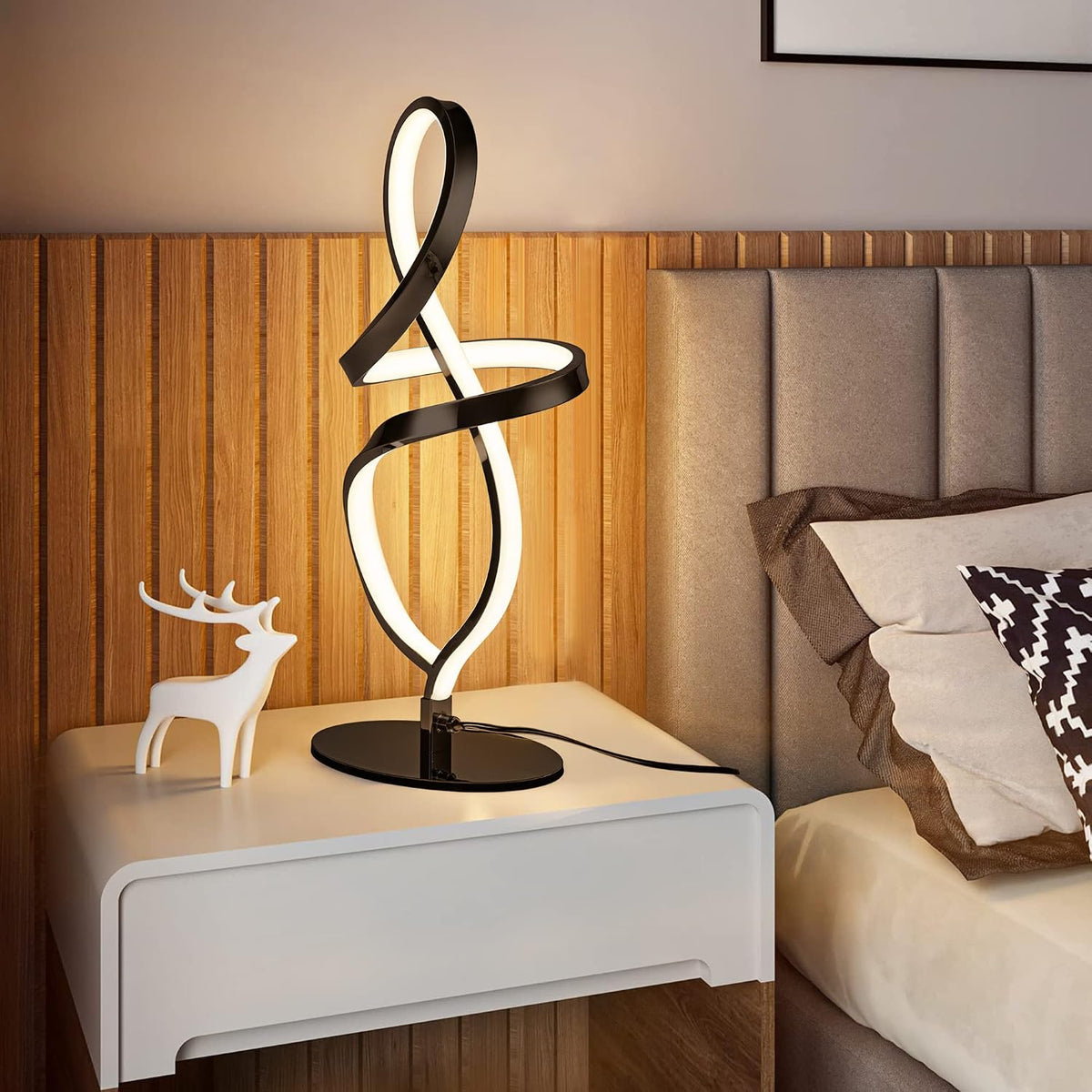 Modern Small Table Lamp with LED Spiral Design, 12W Black Nightstand Lamp