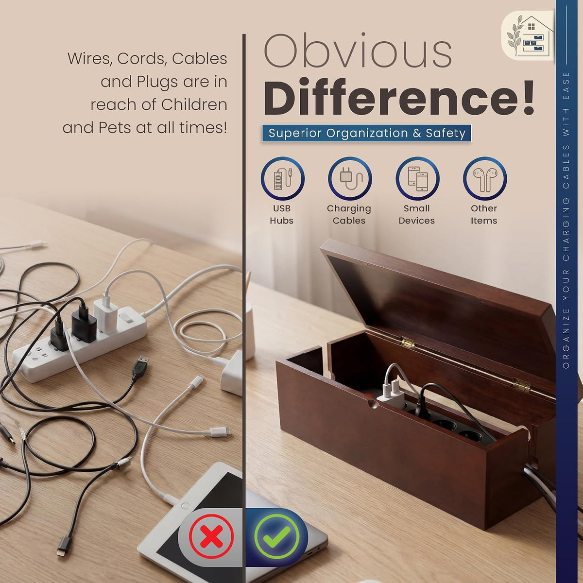 Solid Wood Cable Management Box - Large Cord Management Box Organizer; Cord H...