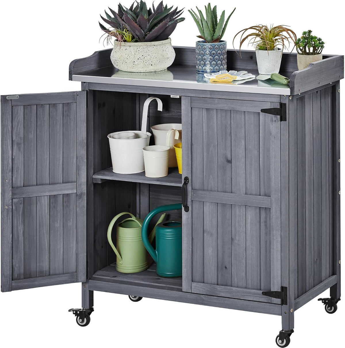 Yaheetech Rolling Potting Bench Outdoor Storage Cabinet, Metal Top, Gray