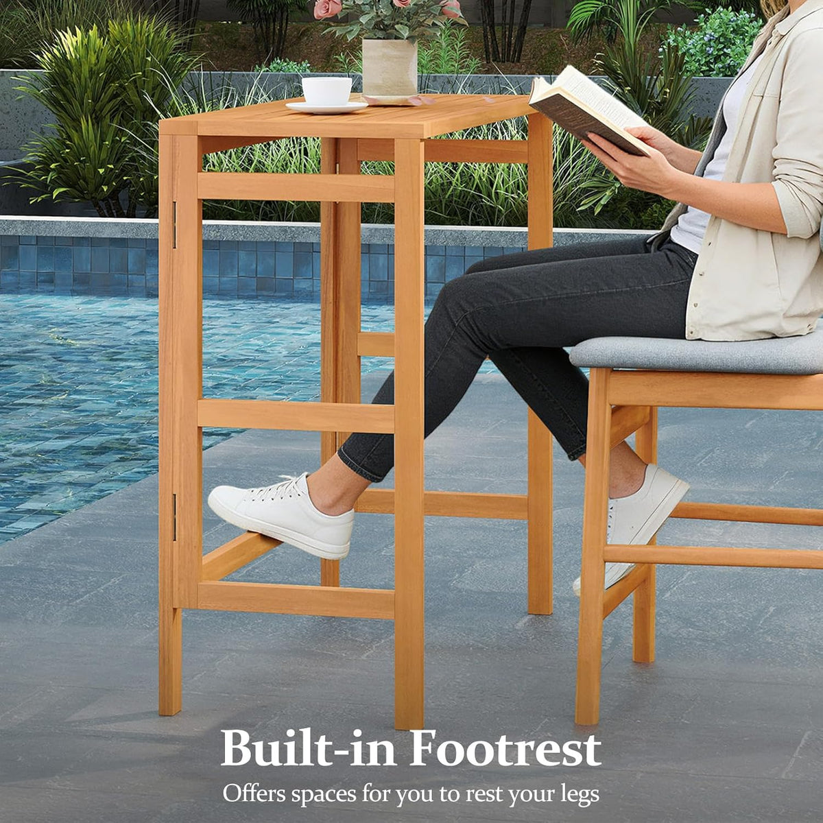 Tangkula Acacia Wood Outdoor Folding Bar Table, Patio Rectangle Counter Heigh...