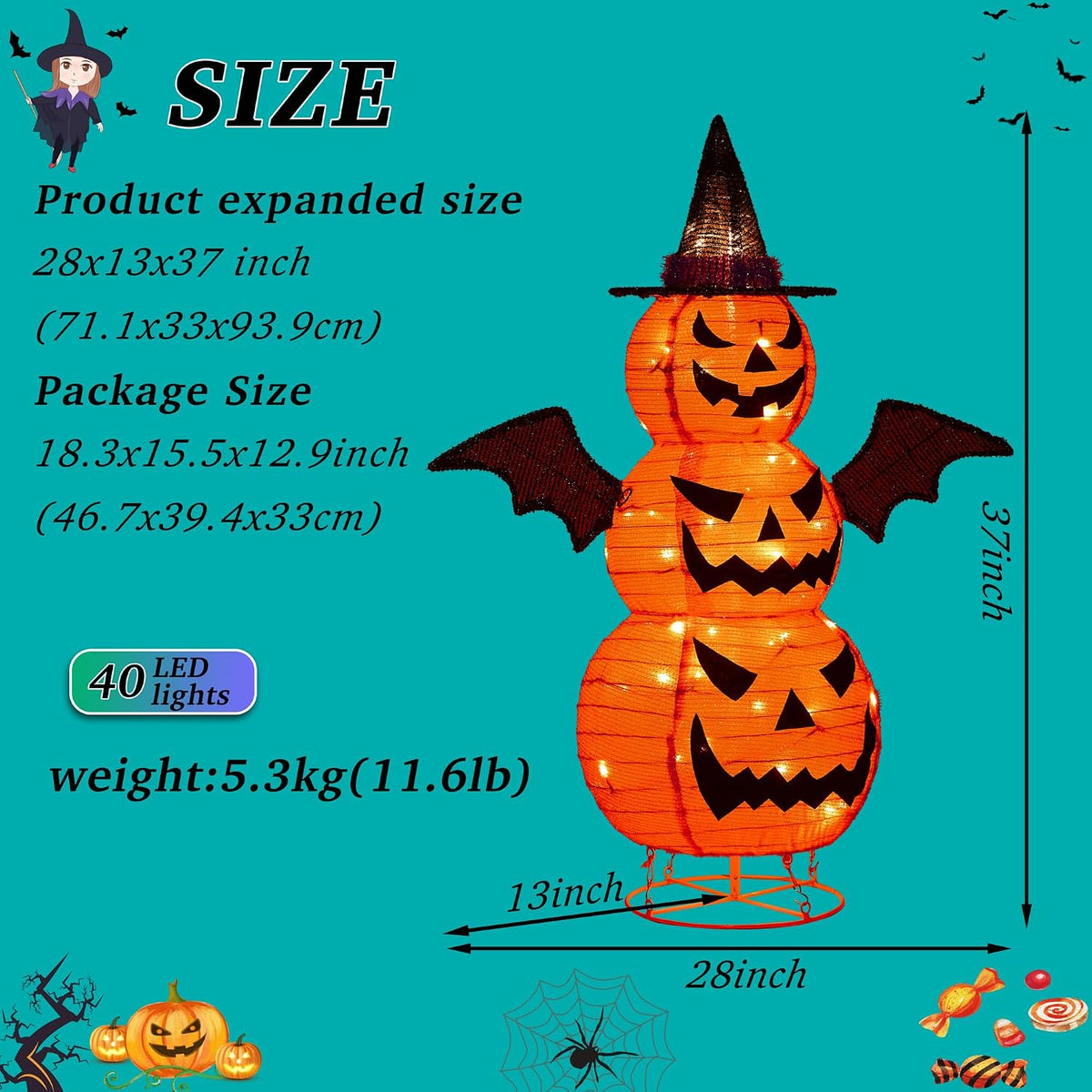 3FT-Halloween Decorations Outdoor – 37 Inch Collapsible Pumpkin Man with 40 L...