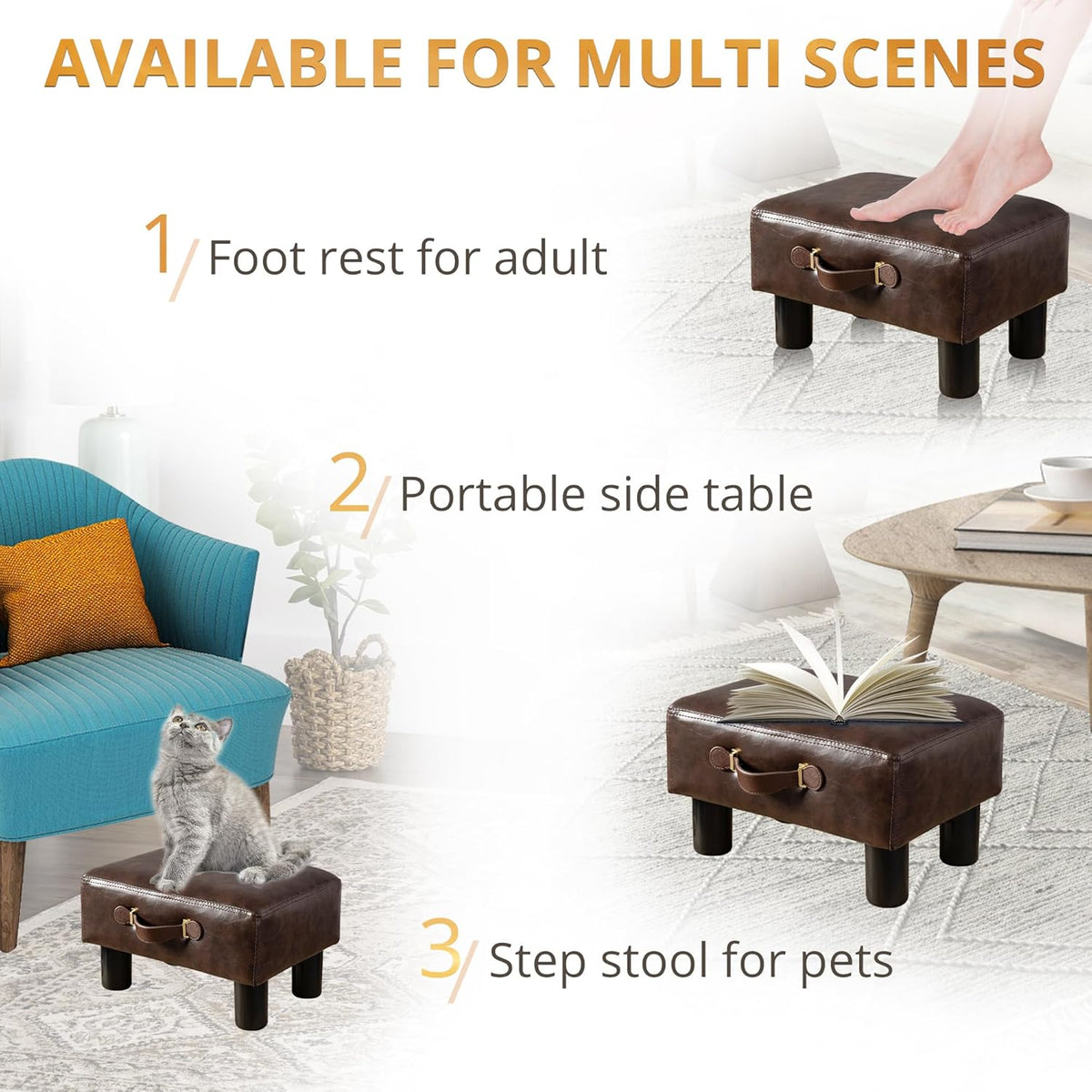 Small Foot Stool with Handle, Brown Faux Leather Short Foot Stool Rest, Recta...