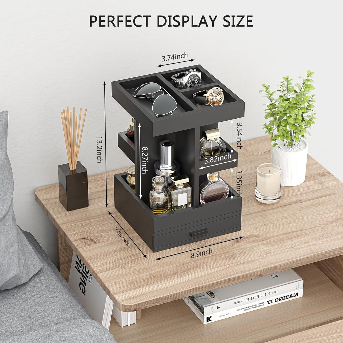 Rotating Cologne Organizer for Men, 3 Tier Wooden Stand with Drawer