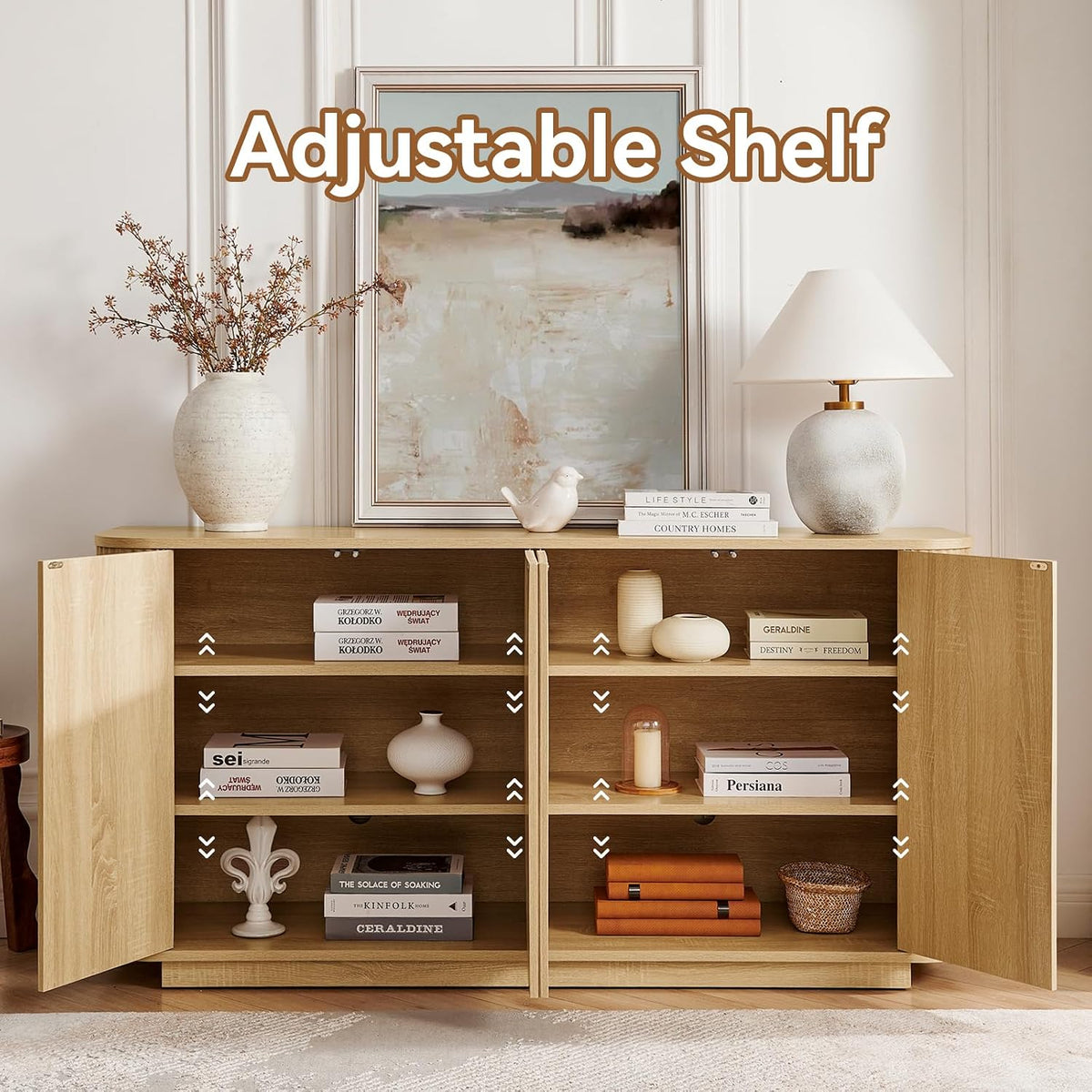 64" Fluted Buffet Cabinet with Storage, Natural Sideboard Cabinet
