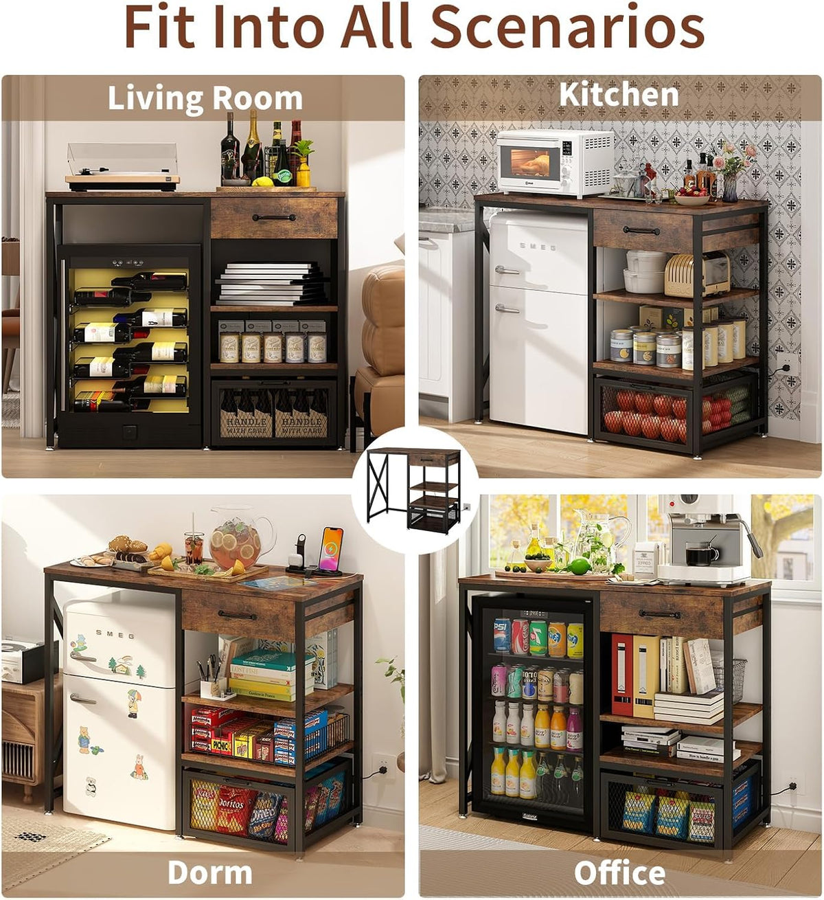 Mini Fridge Cabinet with Power Outlet and Adjustable Shelves,Rustic Brown