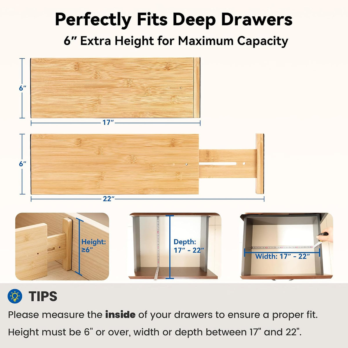 4 Pack 6" Deep Bamboo Drawer Dividers, 17-22" Expandable Kitchen Or...