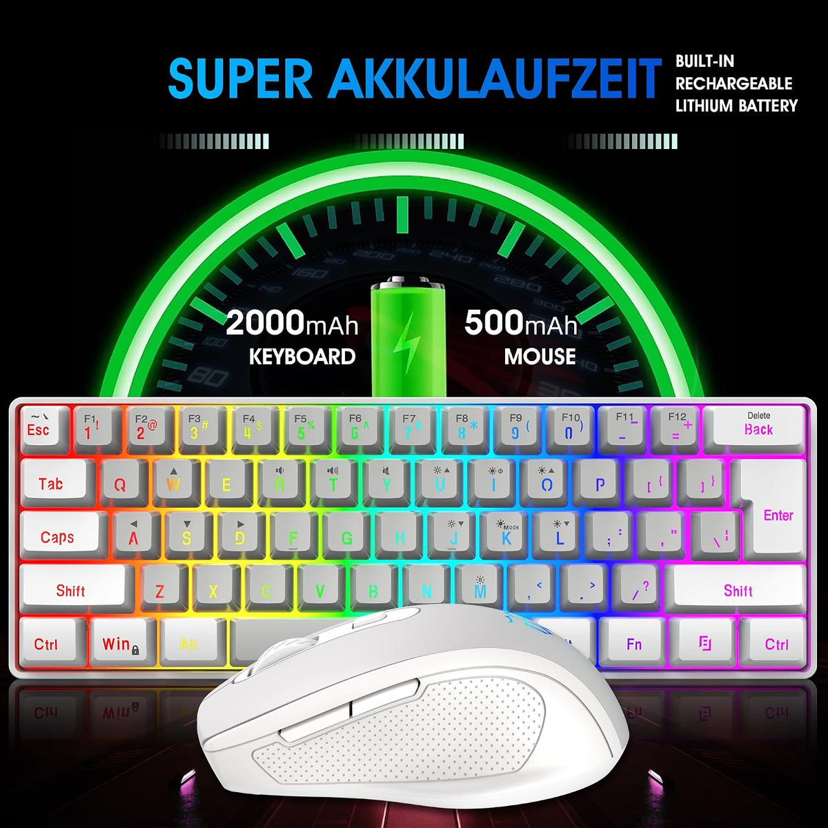 Snpurdiri 2.4G 60% Wireless Gaming Keyboard and Mouse Combo (White-Grey)