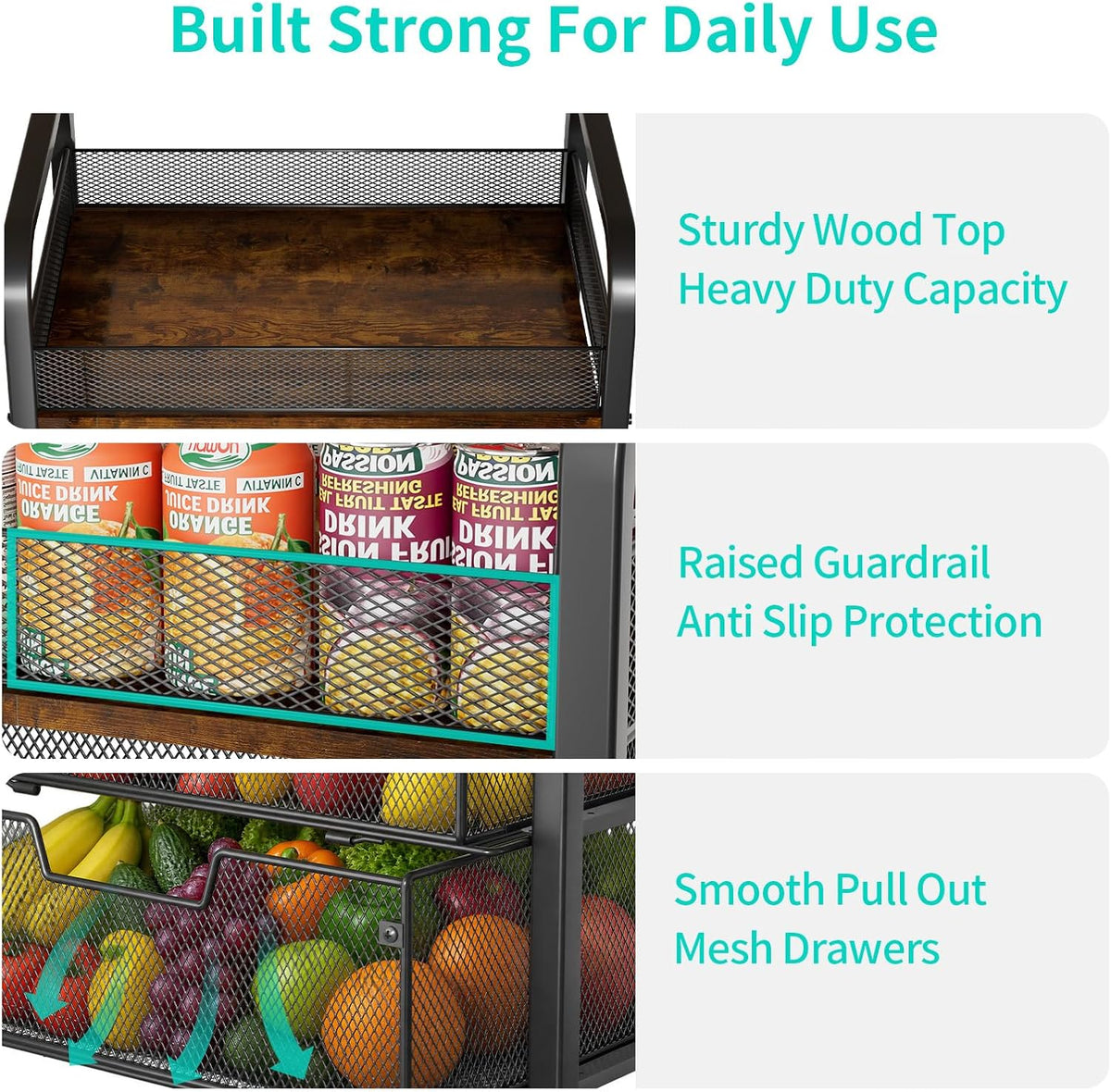 HapiRm 3 Tier Rolling Pantry Organizer Cart- Snack Storage Cart with Wheels