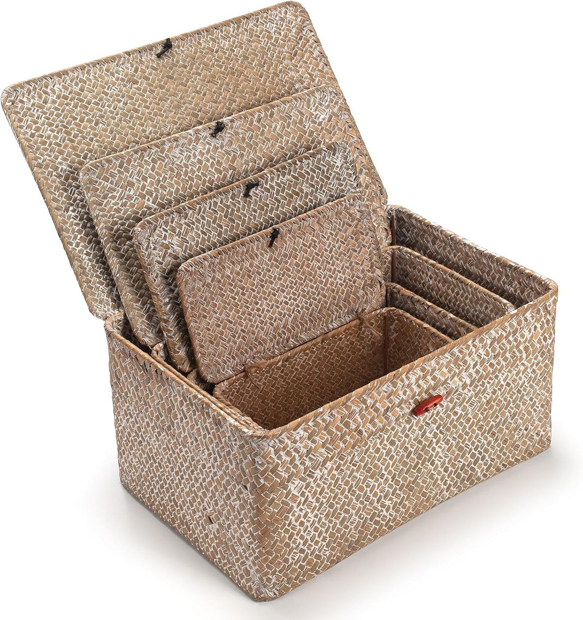 4 Pack, Wicker Baskets with Lids, Natural Seagrass Storage Baskets, Woven Rec...