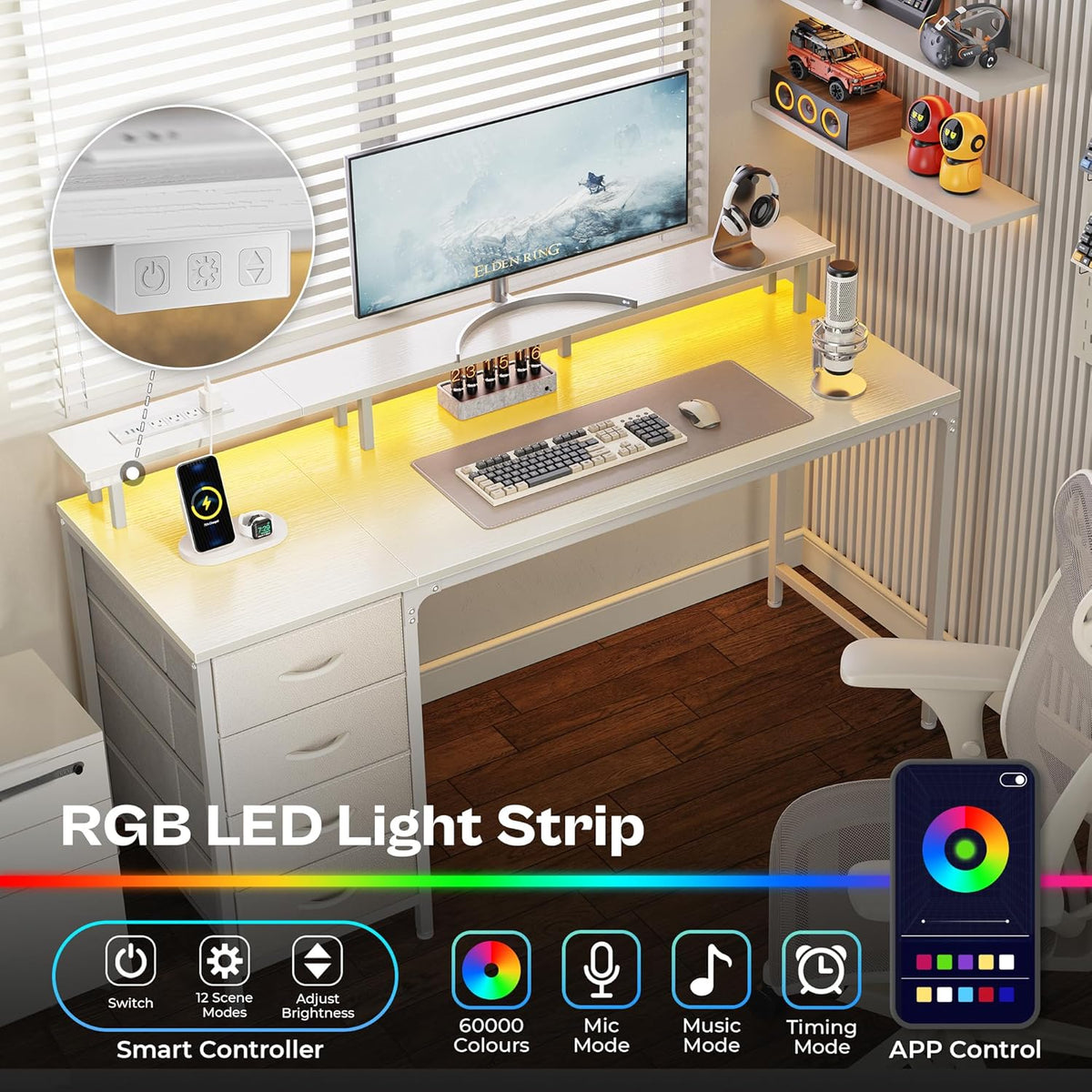 Huuger 55 Inch Computer Desk with Power Outlets and LED Lights, Gaming Desk w...
