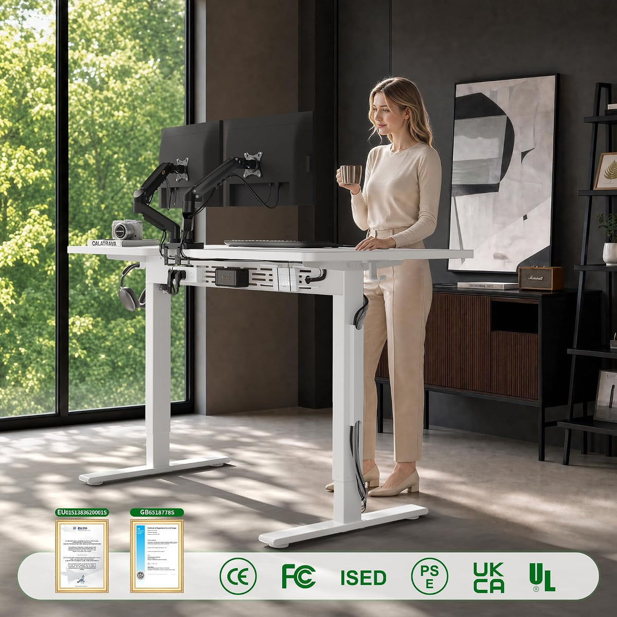 FEZIBO Electric Standing Desk with L-Shaped Crossbar & Cable Management S...