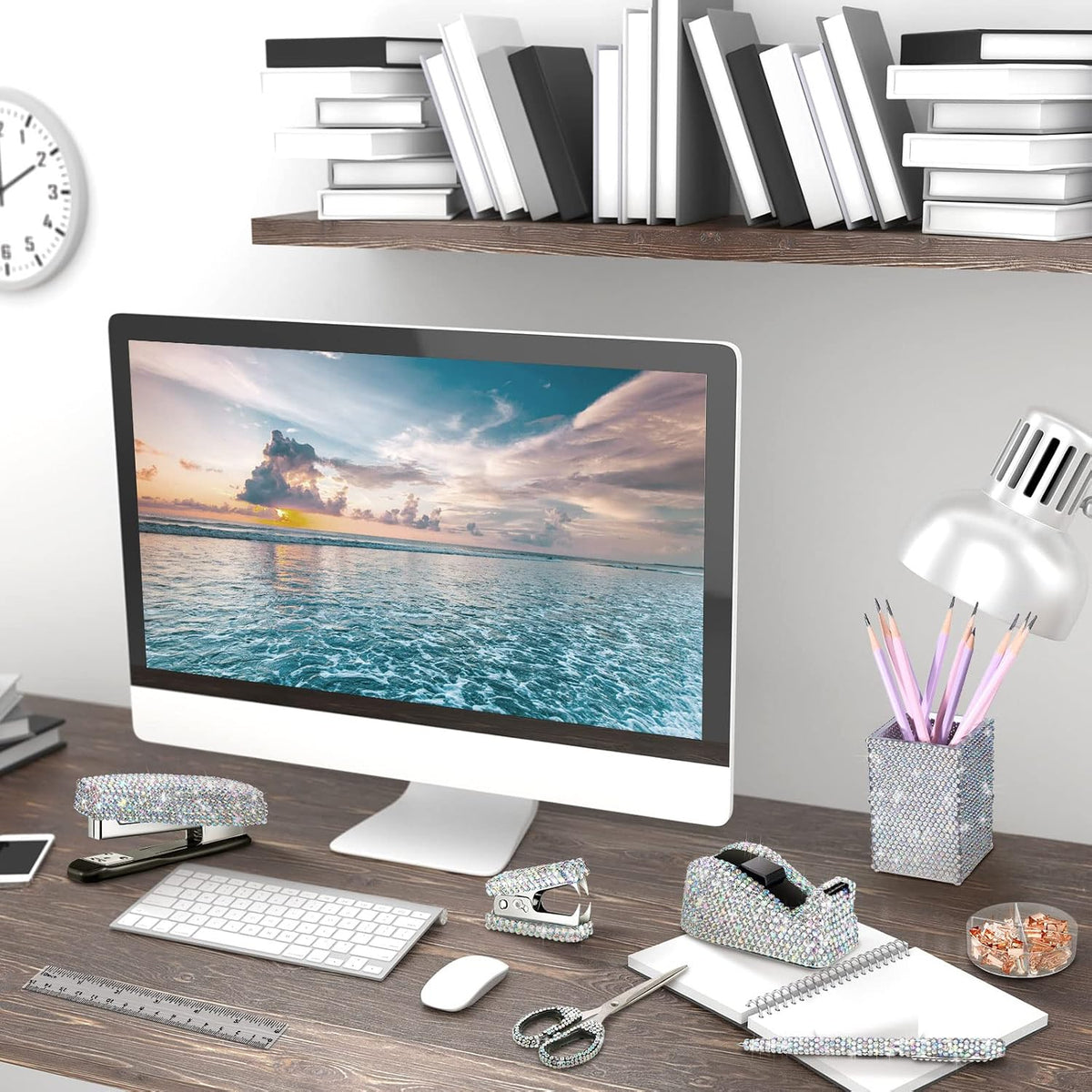 Teling 10 Pcs Bling Office Desk Accessories Glitter Office Supplies,Silver