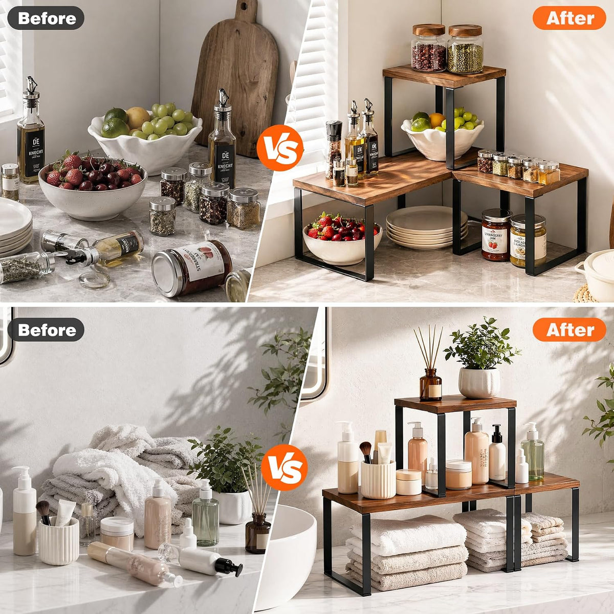 Countertop Organizer Corner Shelf, Wooden 2 Tier Stackable Kitchen Counter Sh...