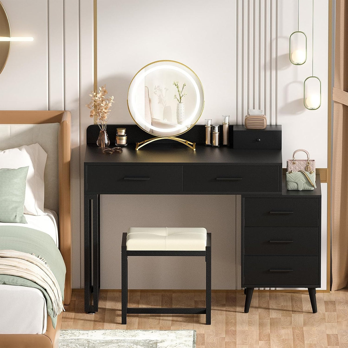 Armocity Black Vanity Desk with Mirror and Lights, Modern Makeup Vanity Table...
