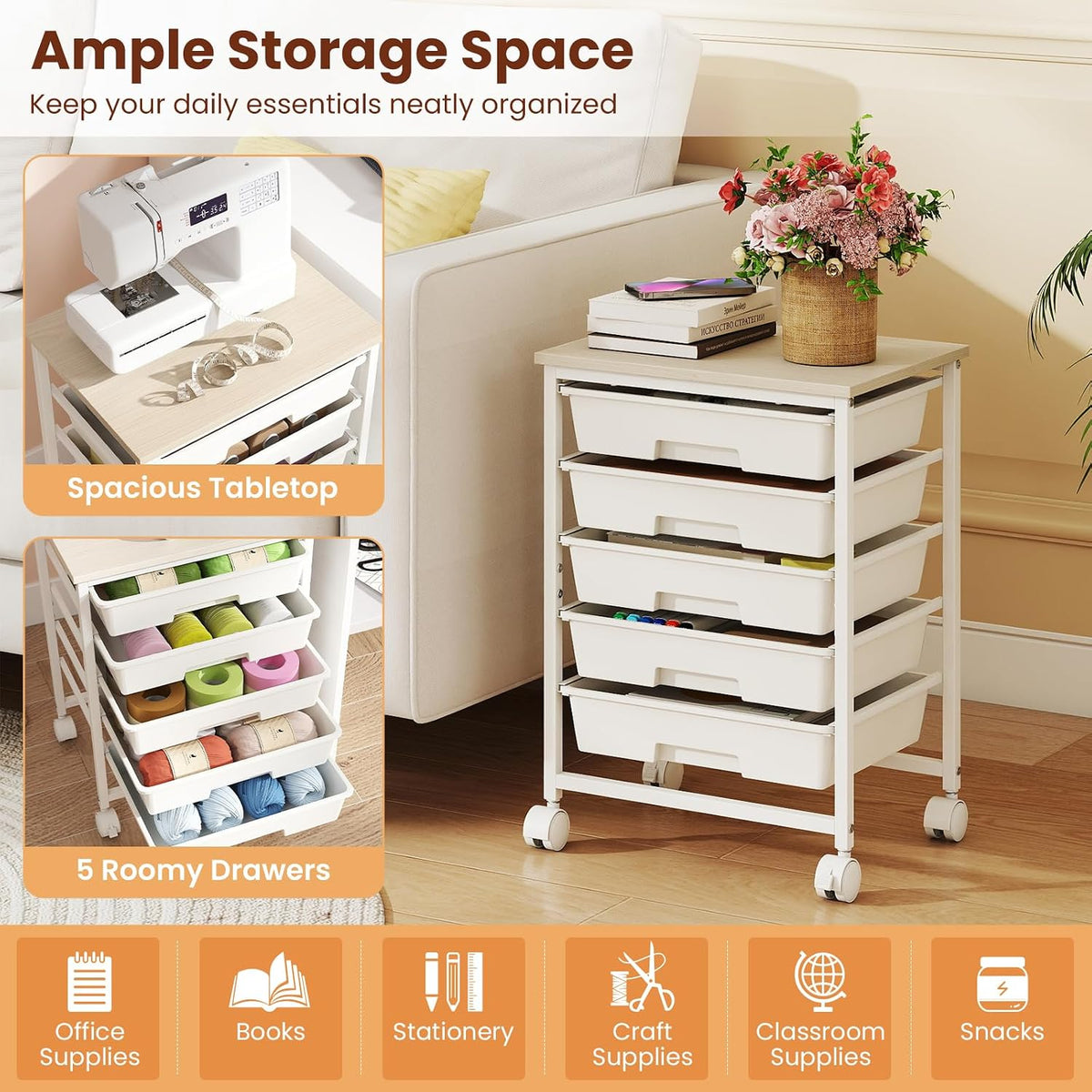 Giantex 5 Drawers Rolling Cart with Wheels, Wood Top, Sturdy Frame