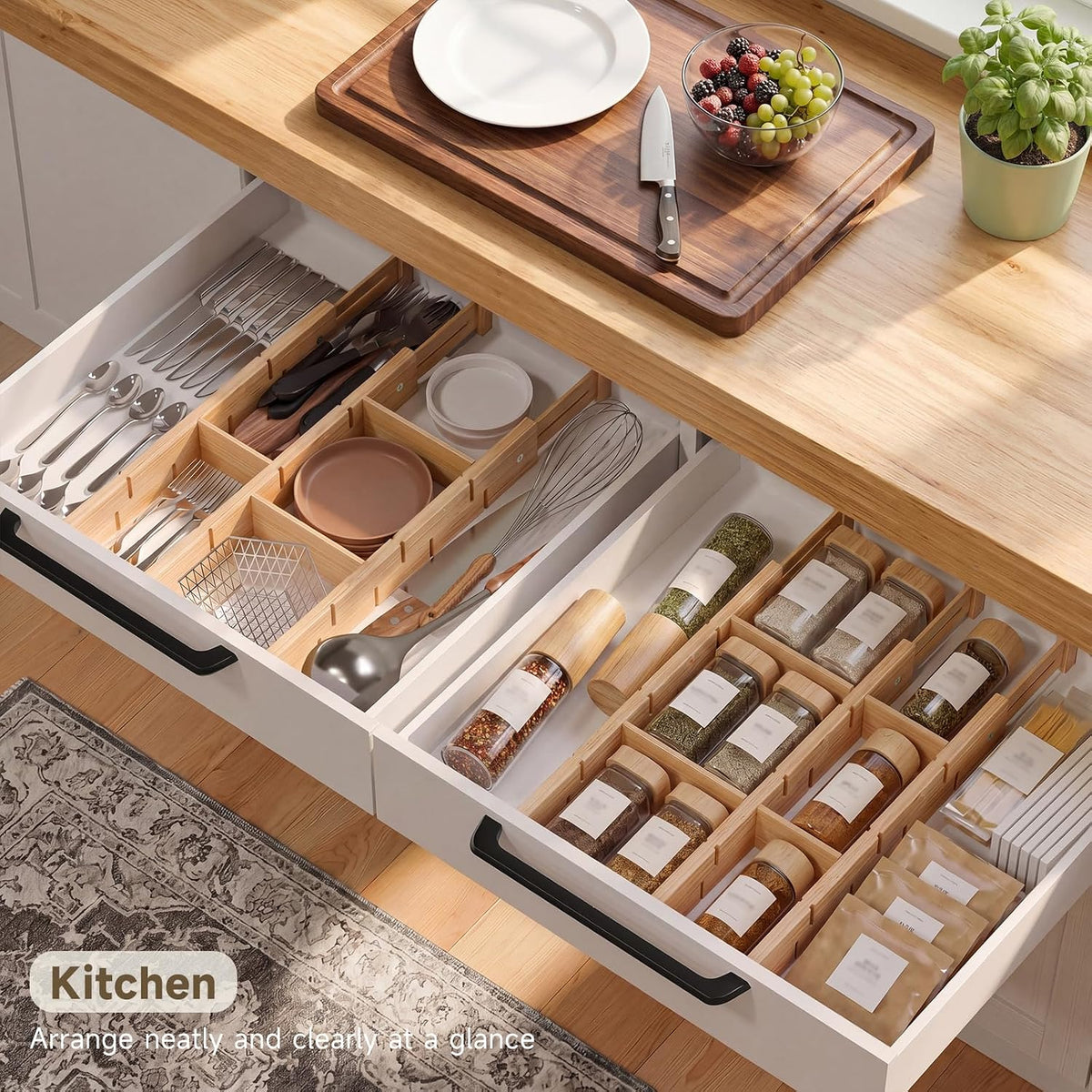 Bamboo Drawer Dividers, Expandable Kitchen Drawer Organizer