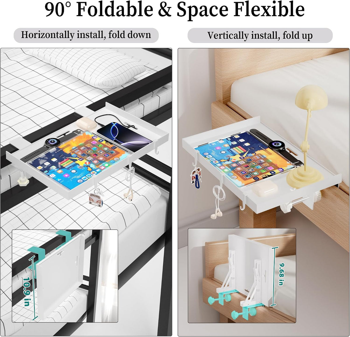 Foldable Bedside Shelf, Metal Clip-On Bed Tray Table for Bunk Bed & Dorm ...