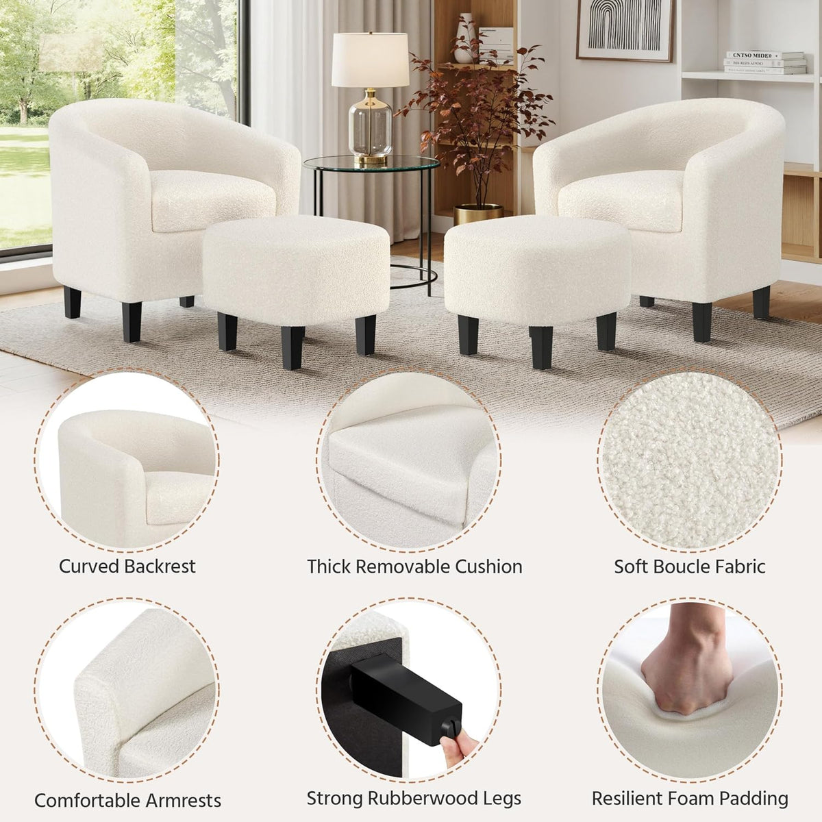 Yaheetech Accent Chairs with Ottoman Set of 2, Boucle Fabric, Ivory