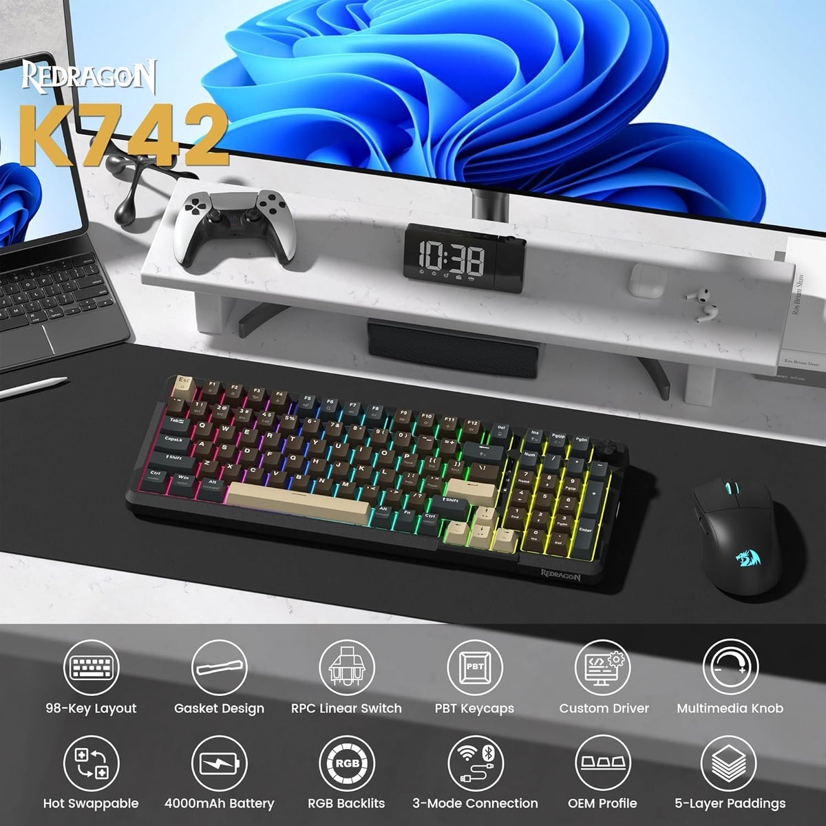 Redragon K742 Wireless Mechanical Gaming Keyboard with Knob, Bluetooth 5.0/2....