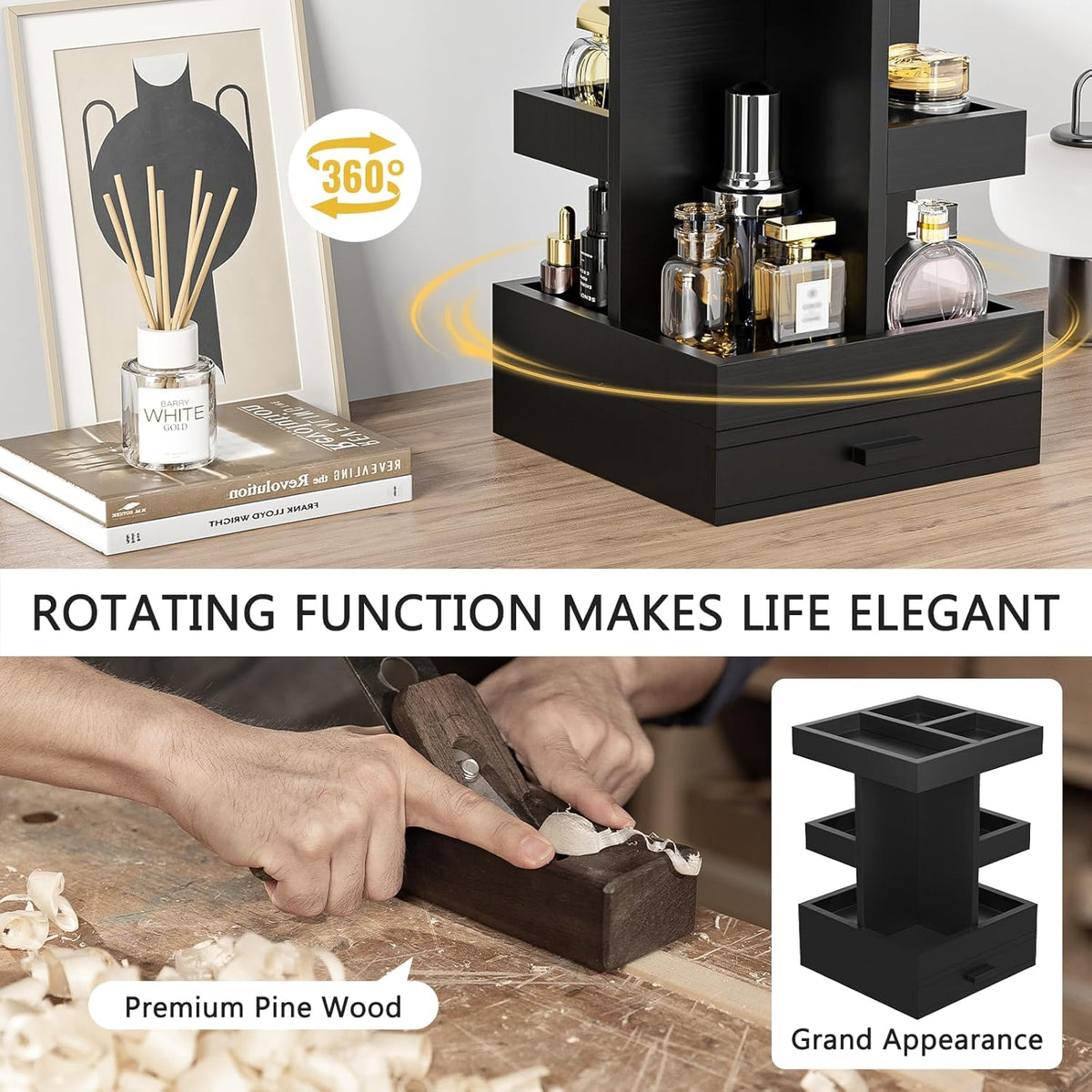 Rotating Cologne Organizer for Men, 3 Tier Wooden Stand with Drawer