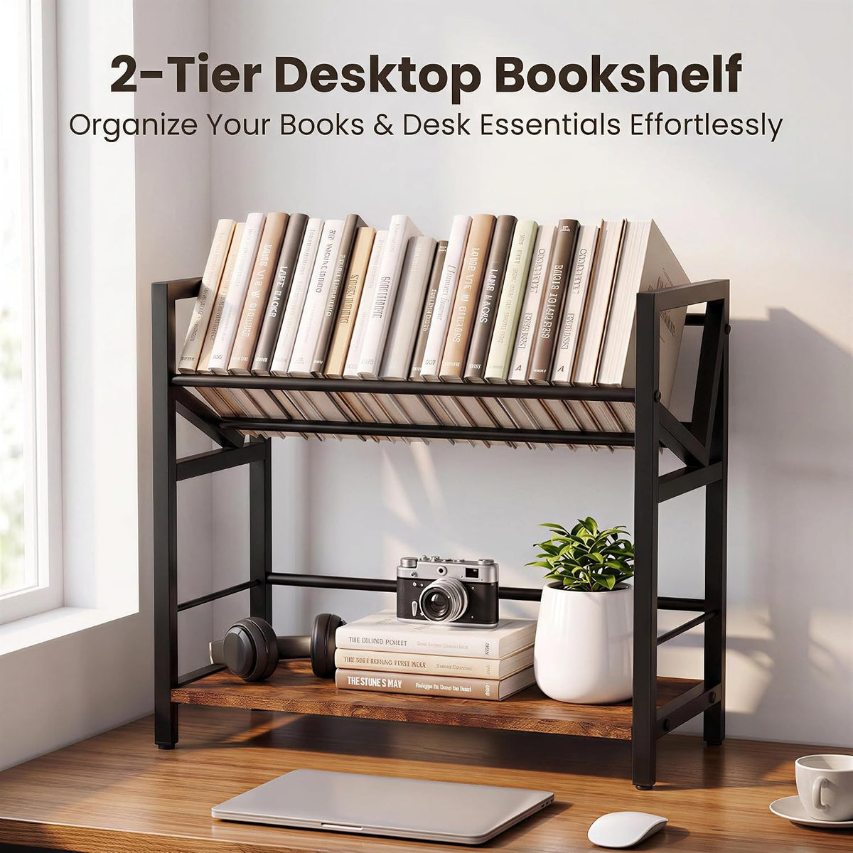 2-Tier Desktop Bookshelf, Office Desk Shelf Organizer, Slanted Book Rack