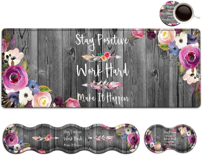 Office Desk Pad,Large Mouse Pad,Laptop Desk Table Protector Writing Mat, Ergonomic Extended Black Mouse Pad, Memory Foam Keyboard Wrist Rest Support Set, Inspirational Work Hard and Flowers Desk Mat
