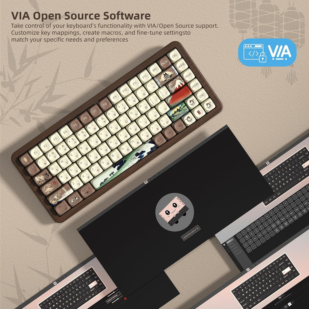 Womier 75% Wireless Creamy Keyboard with Wood Shell, QMK/VIA WD75 V2