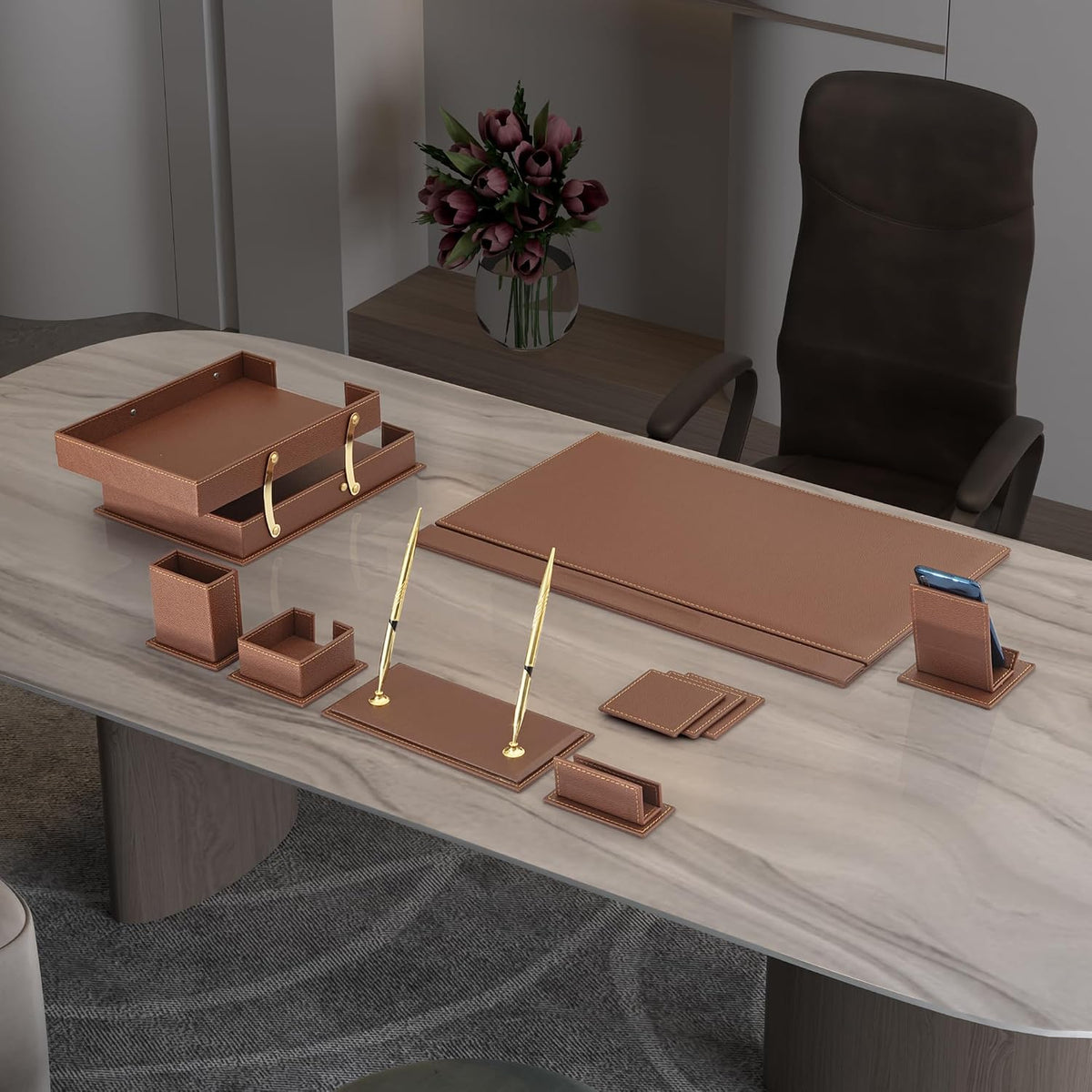 MOOGCO 12-Piece Leather Desk Set — Desk Pad 23.2" x 15.4", Double D...