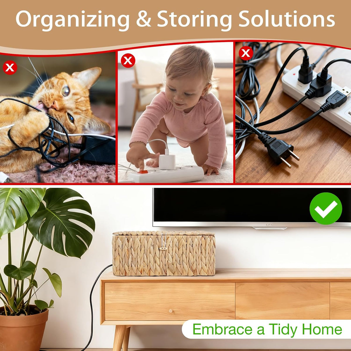 Cable Management Box with Lids-Handwoven Rattan Cord Organizer with Open Slot...