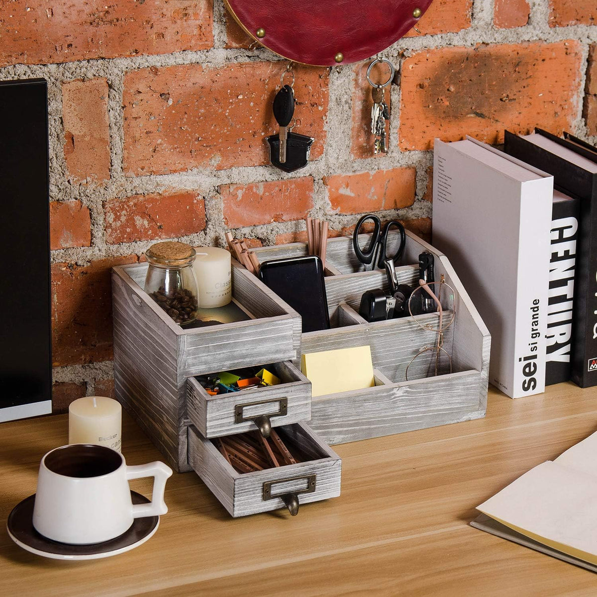 Distressed Rustic Wooden Office Desktop Organizer Wood Shelf Tabletop Home Or...