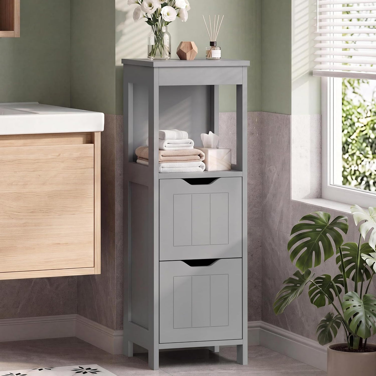 Shintenchi Small Bathroom Storage Cabinet, 2 Drawer Slim Floor Cabinet