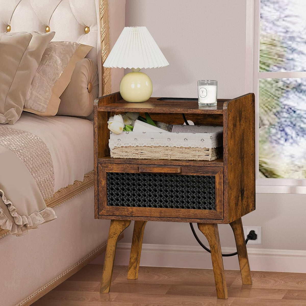 Lerliuo Rattan Nightstand with Charging Station, Side Table with Drawer