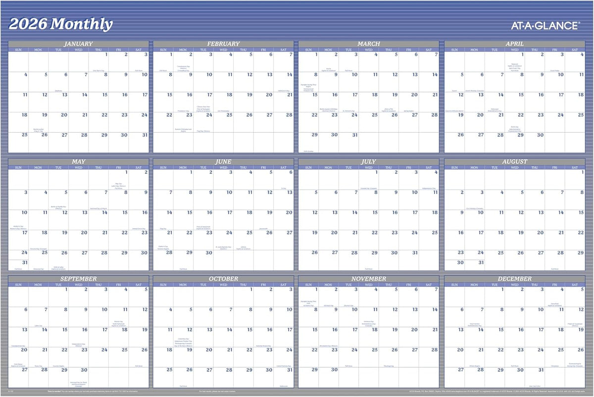 AT-A-GLANCE 2026 Wall Calendar, Dry Erase Wall Planner, Monthly, 48" x 3...