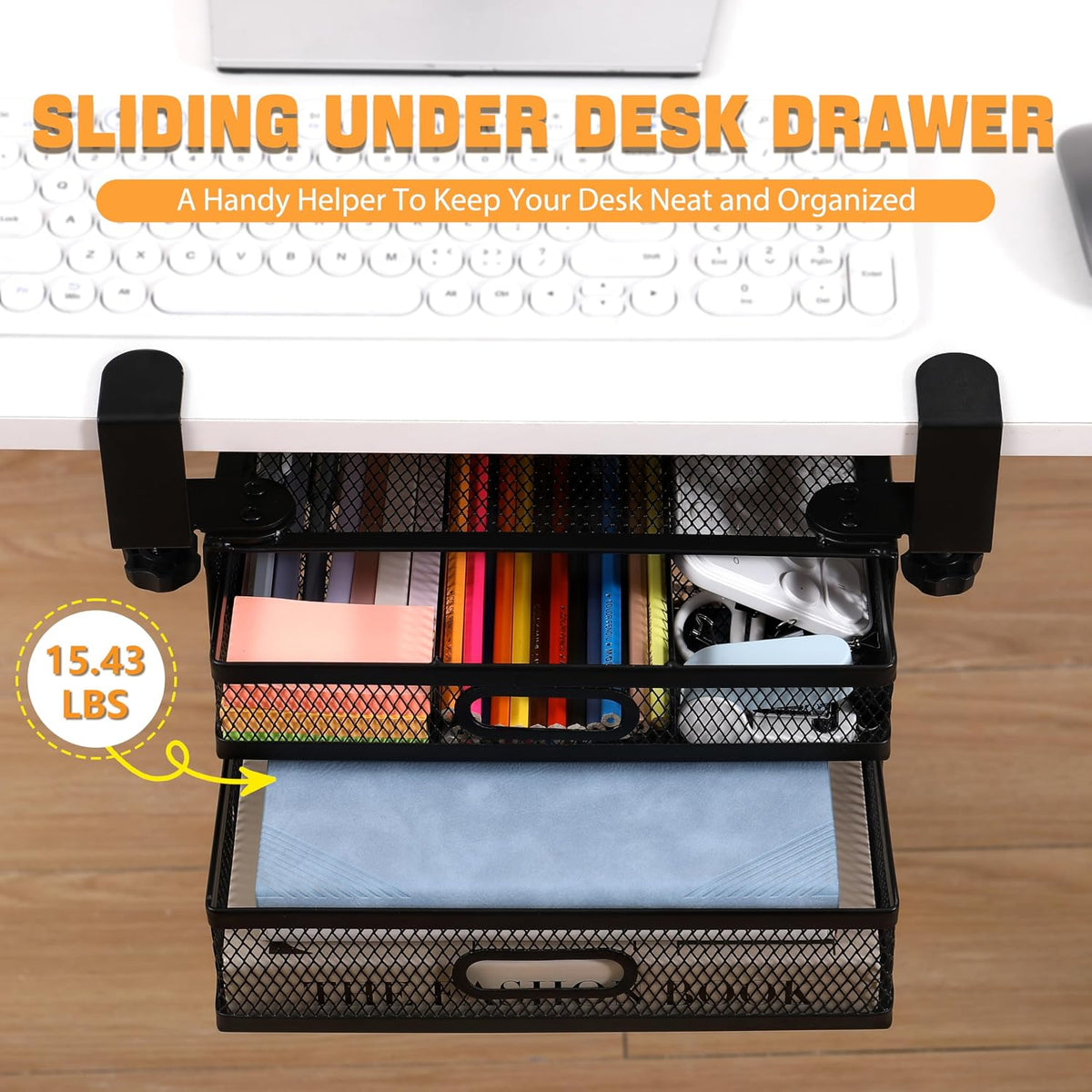 Sliding Under Desk Drawer Organizer No Drilling 2 Drawers Slide Out Desktop O...