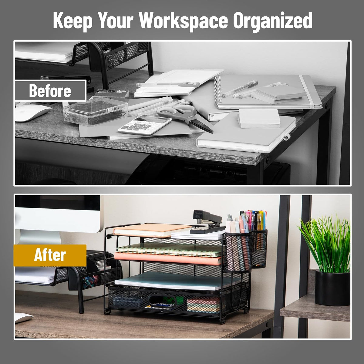 Mind Reader Mesh Desk Organizer, 3 Trays, 1 Drawer, 2 Pen Holders, Office Des...