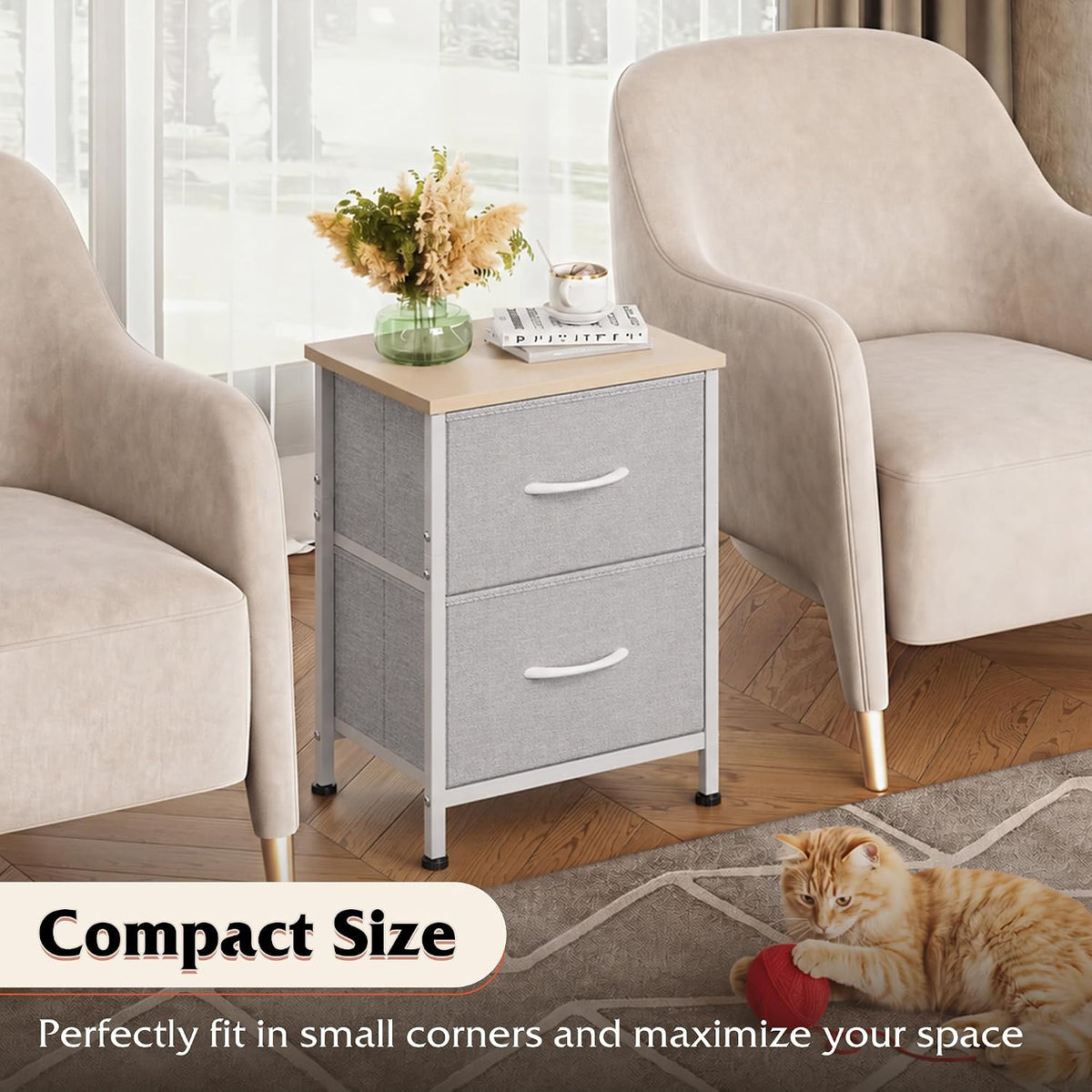 WLIVE Night Stand, Gray Nightstand with 2 Fabric Drawers, Small Dresser for B...