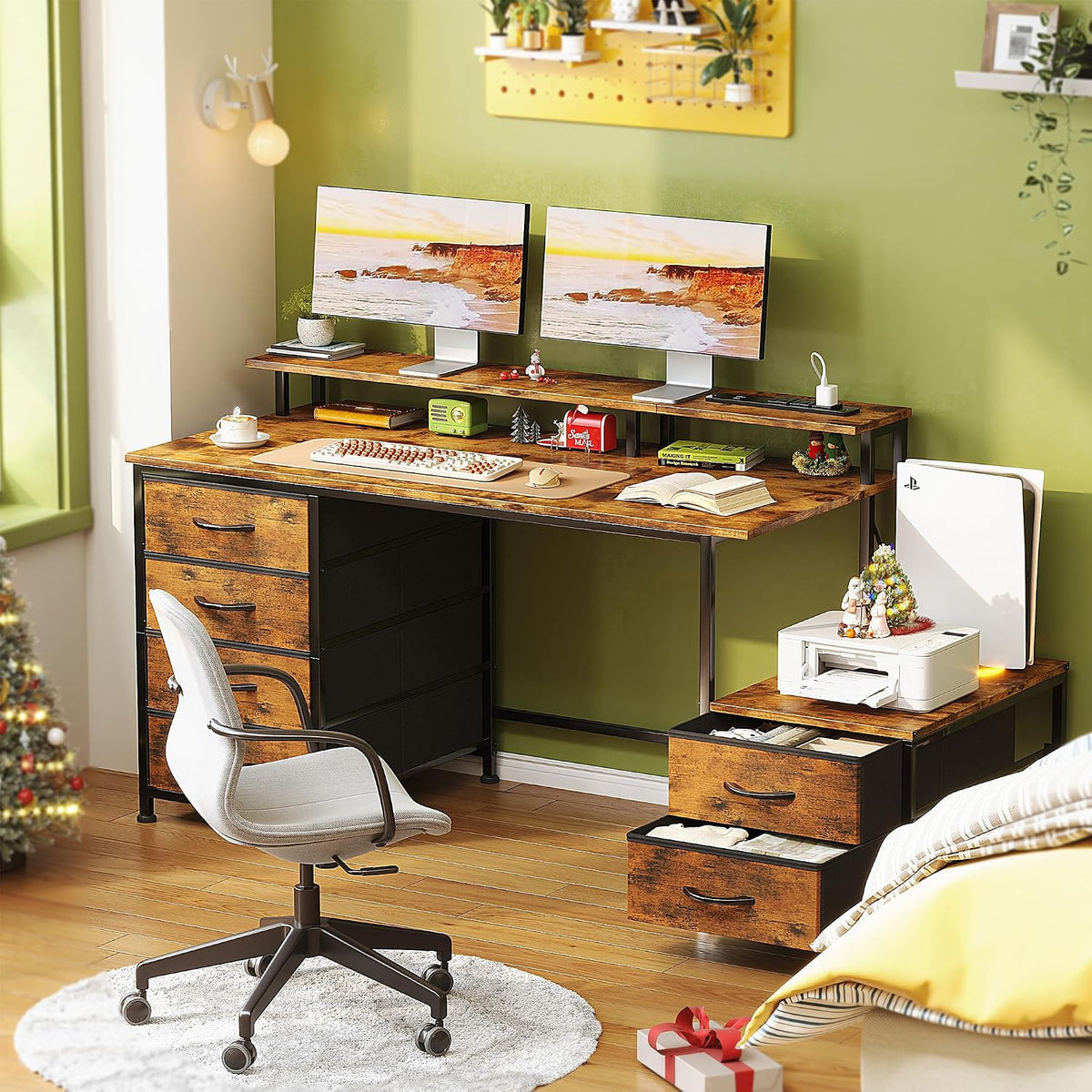 52 Inch Office Desk with 6 Drawers and Printer Space for Storage, Reversible ...
