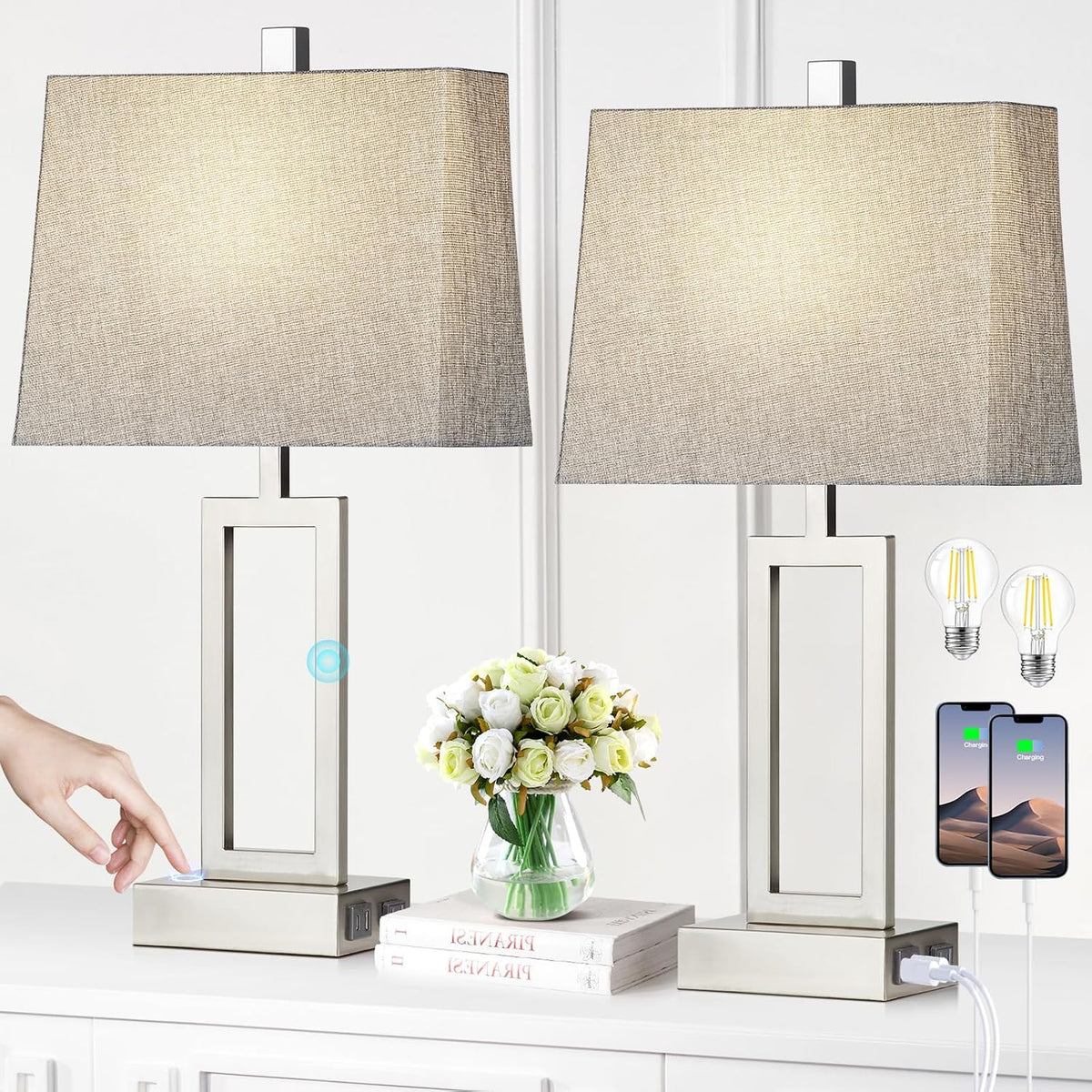 Rinweey 23.5" Touch Control Table Lamps Set of 2, Modern Silver Bedside ...