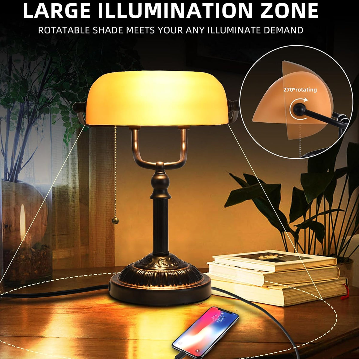 Bankers Desk Lamp with USB-A Port, Rustic Desk Lamp Pull Chain with Yellow Gl...