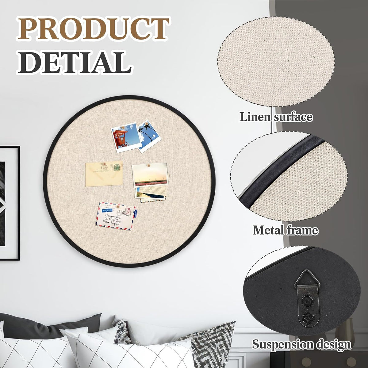 Wonderjune Linen Display Pinboard, Round, 24'' X 24'', Matte ...