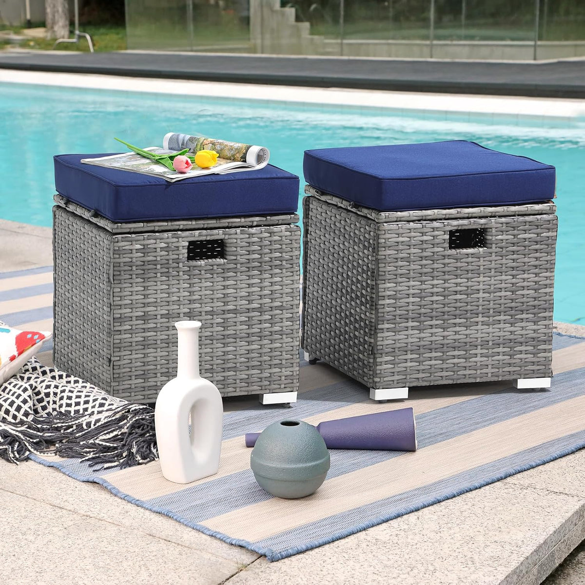 Patiorama 2 Piece Outdoor Patio Ottoman with Storage, Wicker, Navy Blue